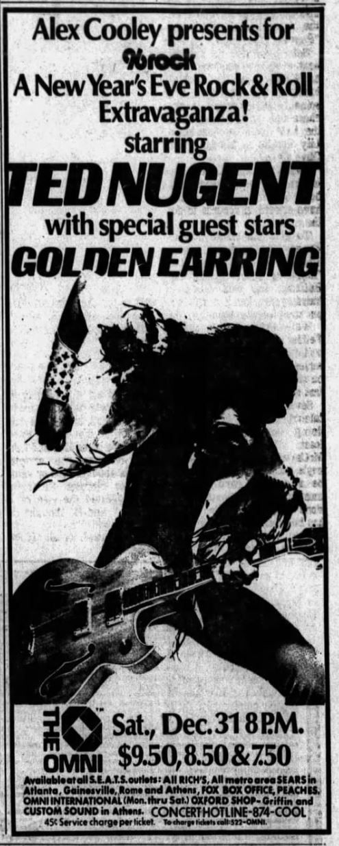 Ted Nugent with Golden Earring show ad December 31, 1977 Atlanta - Omni